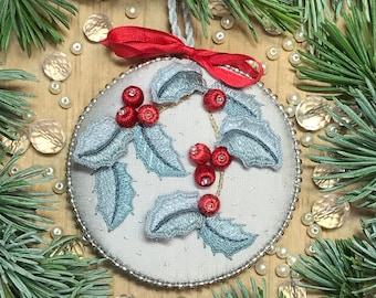 Stumpwork Embroidery Kit - HAPPY HOLLY Christmas Ornament