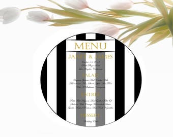 Round Menu Cards, Art deco great gatsby black and white stripes, Circle Menu Card Printable, wedding Menu Cards