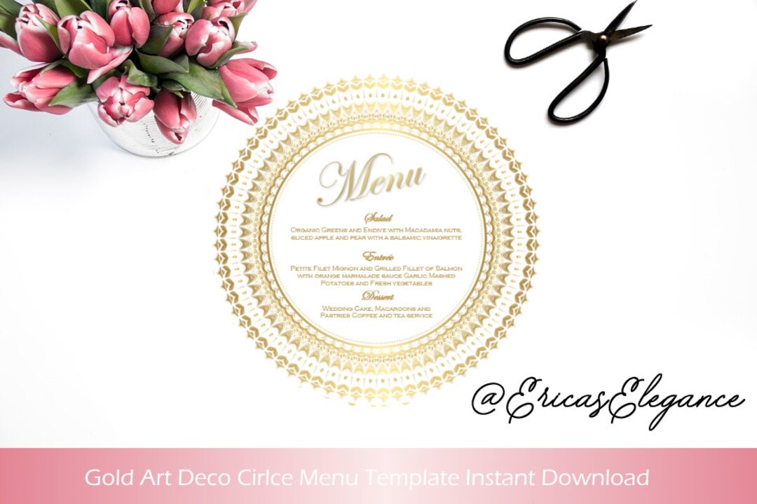 Gold Round Menu Cards, White and Gold Art Deco Circle Menu Card ...