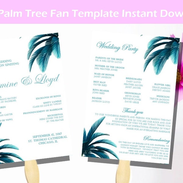 Fan Wedding Programs "Palm Tree" Blue Tropical Destination, Hawaii or Carribean | Edit Word.doc | Order Any Color DIY U Print