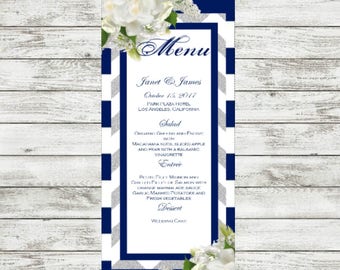 Wedding Menu Navy Blue Stripes Silver Glitter Printable Template Edit Word.doc Instant Download DIY You Print