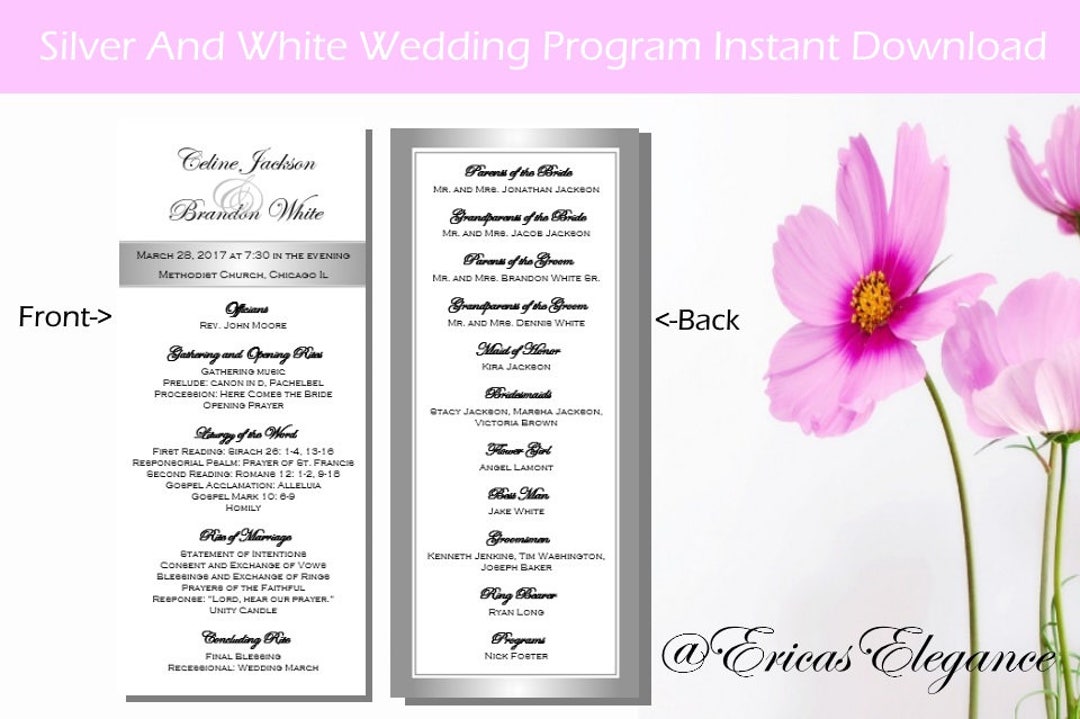 Wedding Ceremony Program Template Tea Length Silver and White Editable ...
