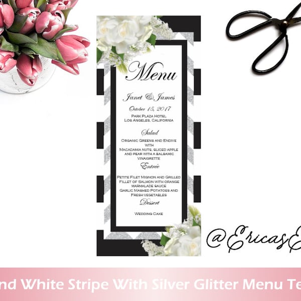 Wedding Menu Card White Floral Menu, Black & White Stripes Printable Template Editable Word.doc, Instant Download,Tea length, DIY You Print