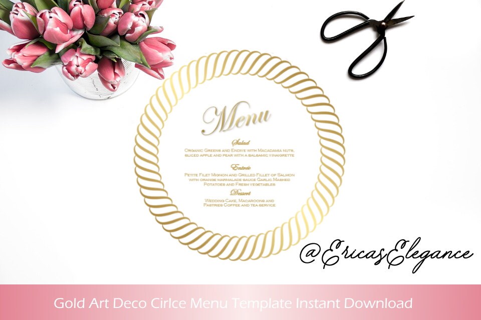 Gold Round Menu Cards, White and Gold Art Deco Circle Menu Card