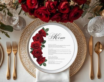 Editable Red Rose Wedding Menu Template – Circle Dinner Card, Canva Printable