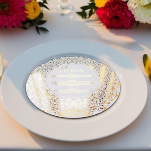 Gold Foil Scrollwork Wedding Menu – Round Charger Plate Insert, Custom Circle Dinner Card