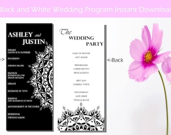 Black & White Modern Wedding Program Order of Service Template Editable Word.doc Instant Download DIY U Print All Text Editable