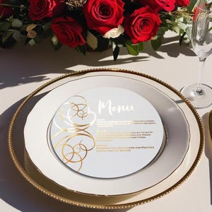 Custom Gold Foil Wedding Menu: Round Dinner Stationery