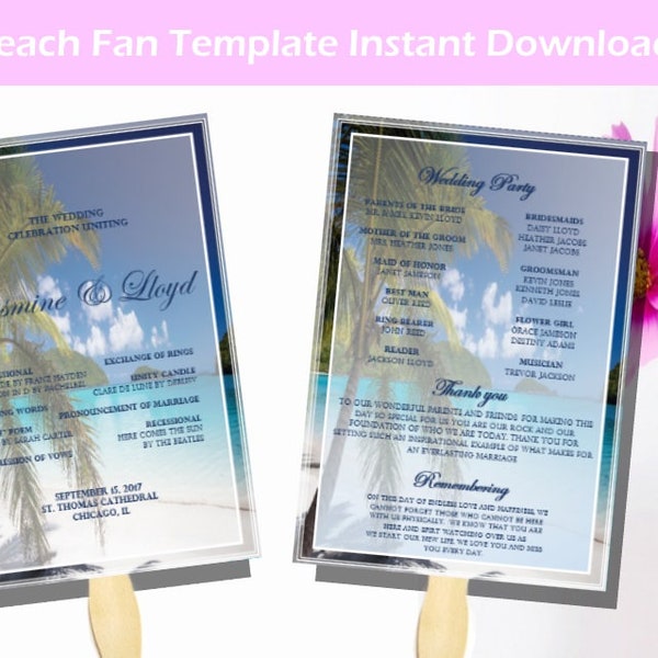 Fan Wedding Programs "Tropical Ocean Beach Palm Tree" | Destination, Hawaiian or Carribean Theme | Edit Word.doc DIY U Print