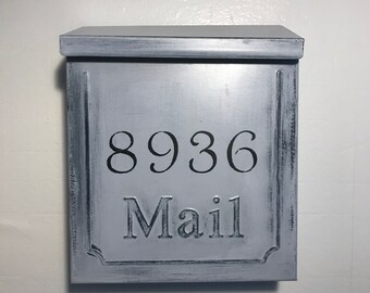 distressed NAVY BLUE mailbox with GOLD house # Wall mount mailbox Americana mailbox