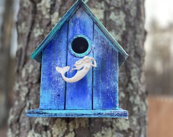 Mermaid birdhouse, Seaside cottage decor, Blue bird house, Beach decor, Ocean colors