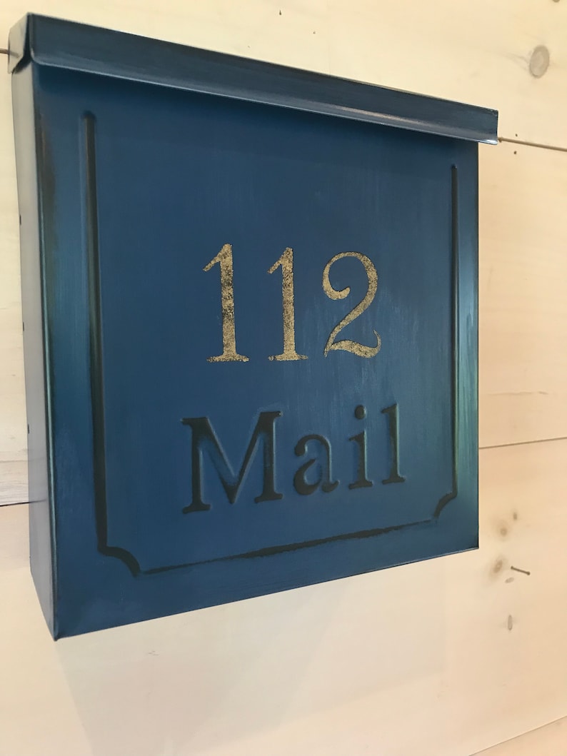 distressed NAVY BLUE mailbox with GOLD house # Wall mount mailbox Americana mailbox