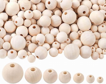 BITEFU Perles En Bois De 1235 Pcs, Naturelles Rondes Perles Bois Avec Trou Et 2 Rouleau Élastique Cristal Ligne Pour DIY Artisanat Fabrication De Bijoux ,6 Tailles