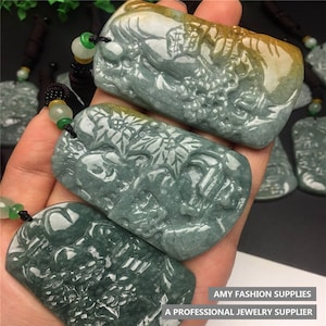 Natural Grade A Guatemala Jadeite Engraved Chinese Landscape Pendant,Blue Jade Pendant,Loose Pendant,Genuine Jade,DIY Jewelry Supplies