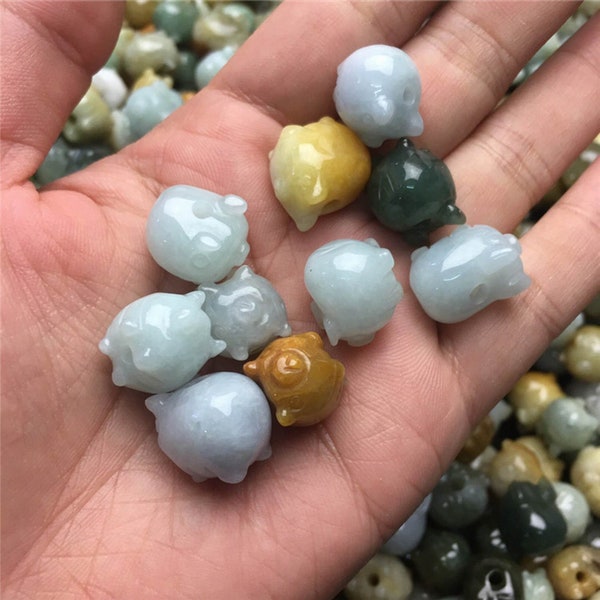 5pcs Natural Grade A Trio Colors Burma Jadeite Pig Beads,Chinese Zodiac,Multi Colors Jade Loose Beads,Genuine Jade,DIY Jewelry Supplies