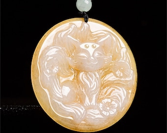 DDP | Natural Color Heated Hand Carved Yellow Burmese Jadeite Round Pendant With Nine Tailed Fox Carved,Amulet Pendant,DIY Jewelry Supplies