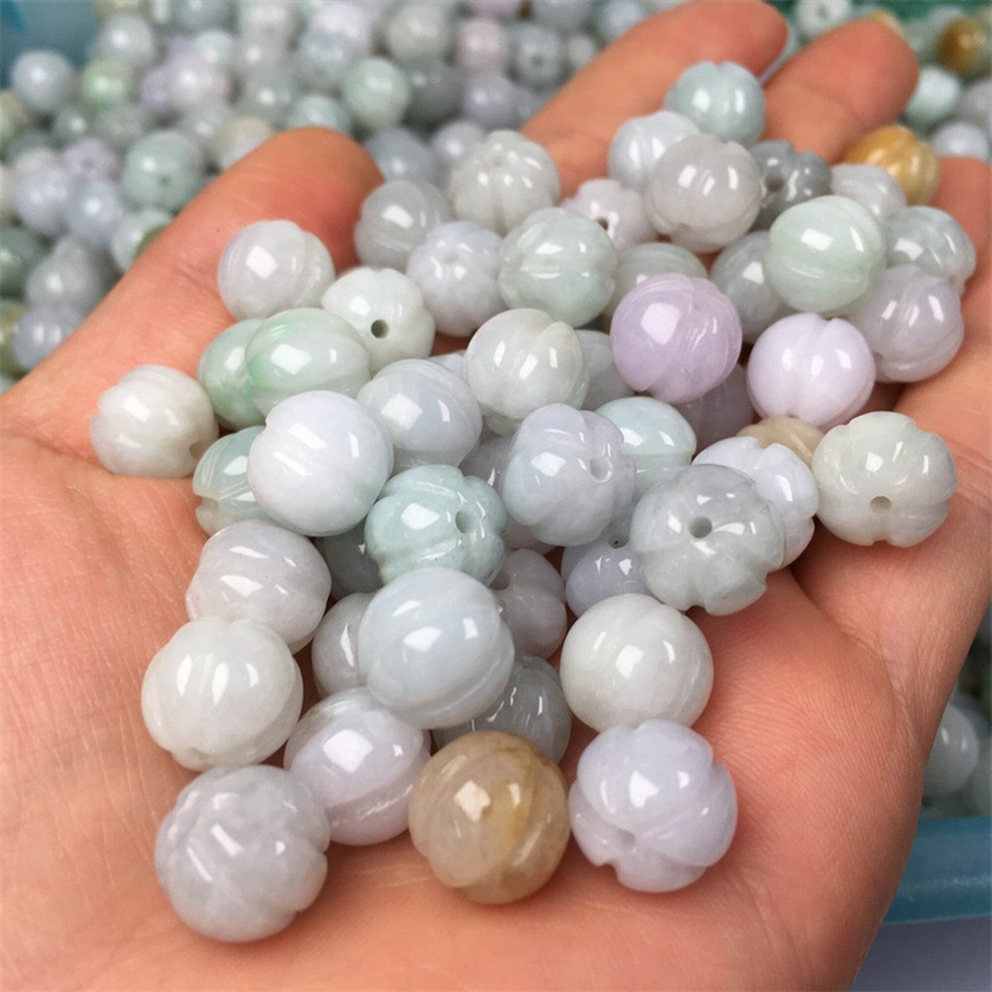 10pcs Natural Grade A Burma Jade Round Pumpkin Beads,Trio Colors Jade,Natural Gemstone,Loose Beads,Burmese Jadeite,DIY Jewelry Supplies