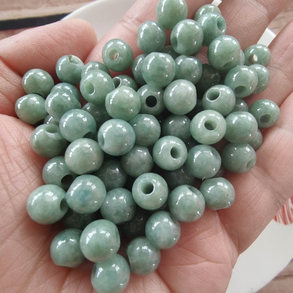 10pcs Natural Grade A Big Hole Burma Jade Smooth Round Beads,Green Jade Beads,Opaque Jade Loose Beads,Burmese Jade,DIY Jewelry Supplies