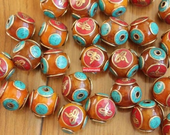 2 cuentas de latón de Nepal nuevas con incrustaciones, cuentas tibetanas, cuentas tribales, cuentas étnicas, amuleto, Buda, oración, ojo de Buda, cuentas sueltas, suministros de joyería DIY.