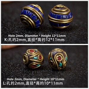 May include: Two sets of round beads with intricate designs. The first set is blue and gold, the second set is red, gold, and turquoise. The beads are approximately 12 mm in diameter and 11 mm in height. The hole in each bead is approximately 2 mm in diameter.