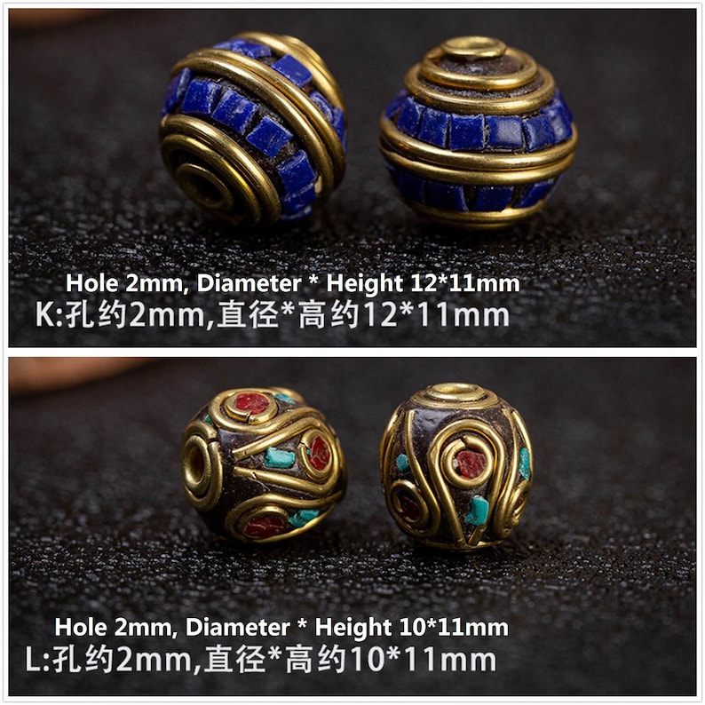 May include: Two sets of round beads with intricate designs. The first set is blue and gold, the second set is red, gold, and turquoise. The beads are approximately 12 mm in diameter and 11 mm in height. The hole in each bead is approximately 2 mm in diameter.
