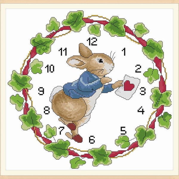 Clock face cross stitch pattern in PDF file - Beatrix Potter Bunny Clock 007, garland clock