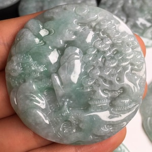 Natural Type A Burma Jadeite Hand Carved Engraved Chinese Landscape Round Pendant,Green Jade Pendant,Genuine Jade,DIY Jewelry Supplies