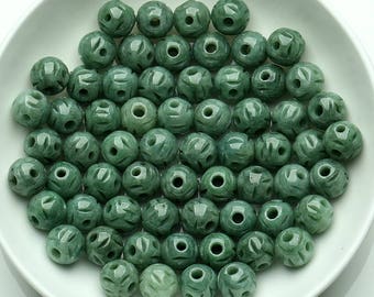 5pcs Grade A jade beads,engraved beads,dark green jade,nature gemstone,fligree jade beads,jadeite beads,round beads,jewelry supplies J0412