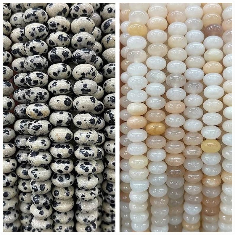 May include: Two strands of round, smooth beads. One strand is white with a slight peach hue, the other is white with black speckles. Both strands are made of natural stone.