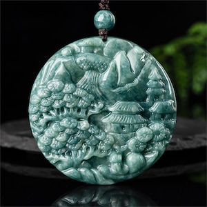 Pendentif paysage sculpté à la main en jadéite du Guatemala bleu aqueux de type naturel A, plaque ronde en jadéite du Guatemala, fournitures de bijoux à bricoler soi-même