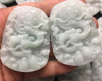 Natural Grade A Light Green White Jade Dragon Engraved Amulet Pendants,Green Jade,Burmese Jadeite,Loose Pendants,DIY Jewelry Supplies