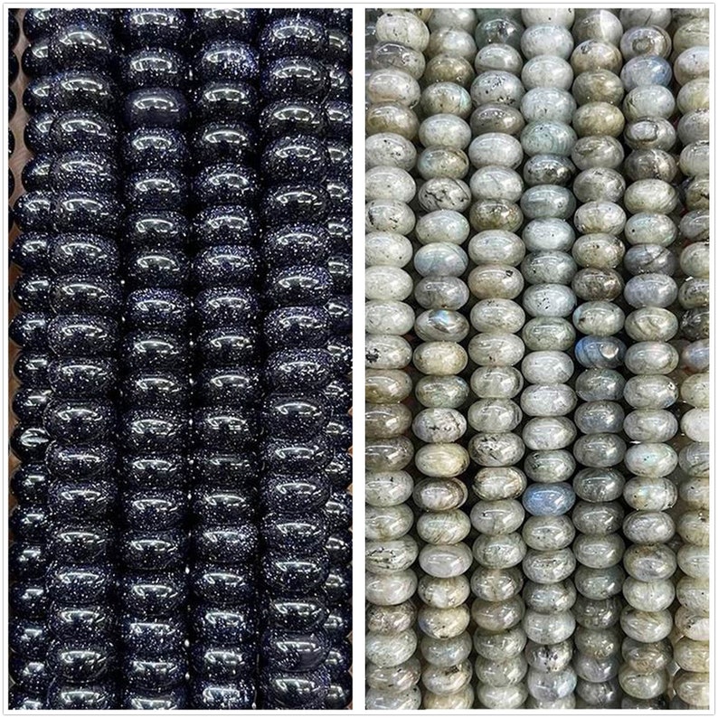May include: Two strands of gemstone beads. One strand is black with a sparkly finish. The other strand is a light gray with a shimmery finish.