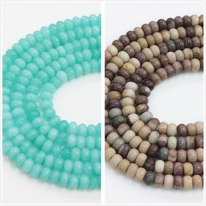 May include: Two strands of beads, one turquoise and one brown with white and beige swirls. The beads are round and smooth.