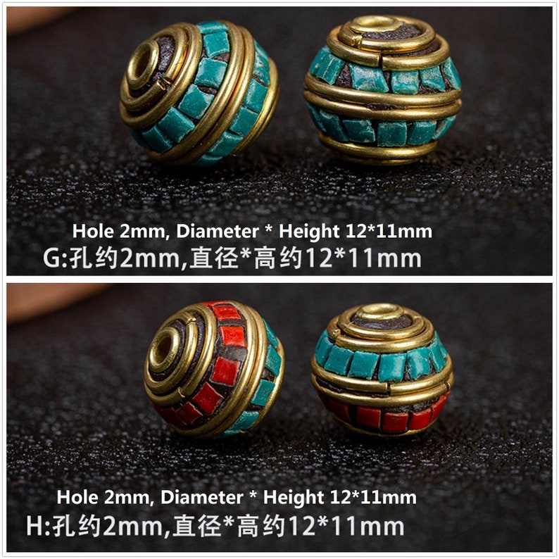 May include: Two round beads with a mosaic pattern of turquoise and red squares. The beads are made of brass and have a hole in the center. The beads are approximately 12 mm in diameter and 11 mm in height. The hole in the center of the beads is approximately 2 mm in diameter.