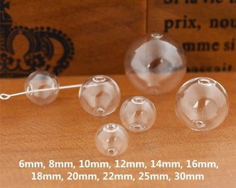 5 pièces perles de verre creuses soufflées à la main, perles à bulles, boule ronde en verre clair, perle de verre soufflé, transparent, perles d'ampoules en verre, doubles trous