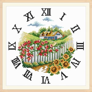 Clock face cross stitch pattern in PDF file - House in the garden for instant download 009