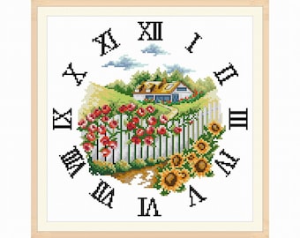 DDP | Clock face cross stitch pattern in PDF file - House in the garden for instant download 009