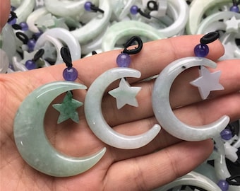 2pcs Natural Type A Untreated Burma Jadeite Moon and Star Pendant,Green Jade,Crescent Pendant,Loose Pendant,Genuine Jade,DIY JewelrySupplies