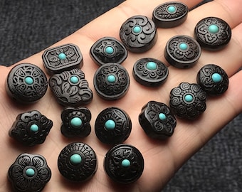 DDP | 5pcs Black Sandalwood Beads With Turquoise Inlay,Black Wood Inlay Beads,Ebony Beads,Wood Beads, Amulet Beads,Prayer Beads,DIY Supplies
