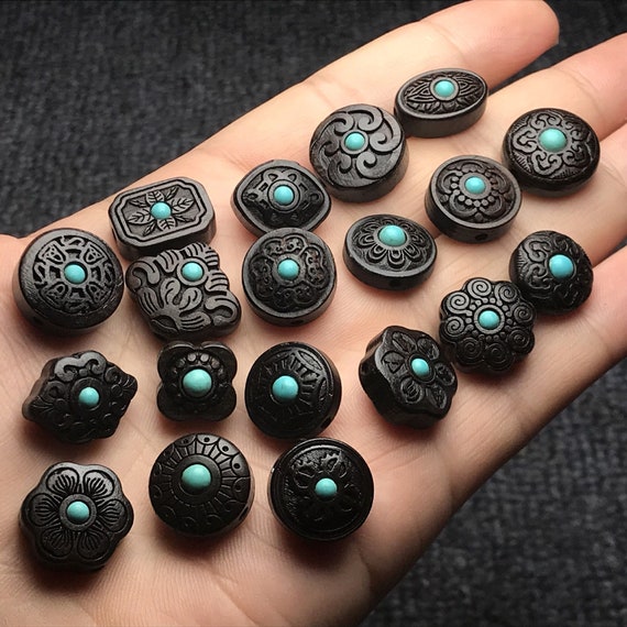 DDP | 5pcs Black Sandalwood Beads With Turquoise Inlay,Black Wood Inlay Beads,Ebony Beads,Wood Beads, Amulet Beads,Prayer Beads,DIY Supplies