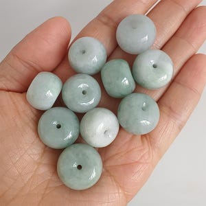 2pcs Natural Type A Untreated Light Green Burmese Jadeite Big Hole Rondelle Beads,Fat Barrel Burma Jadeite Loose Beads,DIY Jewelry Supplies