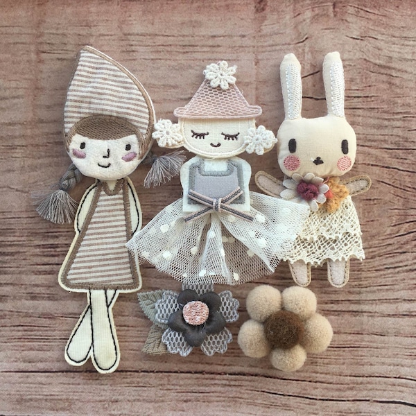 5 mini poupées 3D cousues à la main, lapin, petite fille, fleurs, empiècements pour fabriquer des chaussures, chaussettes, accessoires pour cheveux, broches, vêtements, sacs, fournitures de bricolage