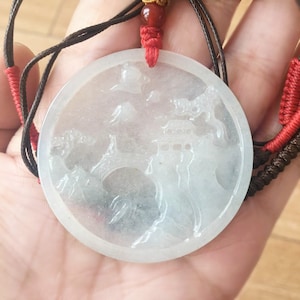 Natürliche Burma Jadeit Anhänger Halskette, runder Anhänger, Burma Jade Anhänger, milchige weiße Jade, eisiger Jade Anhänger, natürlicher Edelstein, Kordelkette