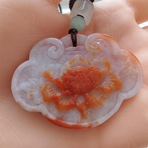 Unique Certificated Natural Hand Carved Red Color Heated Burmese Jadeite Ruyi Shape Pendant With Peony Carved,RedJadeitePendant,DIY Supplies