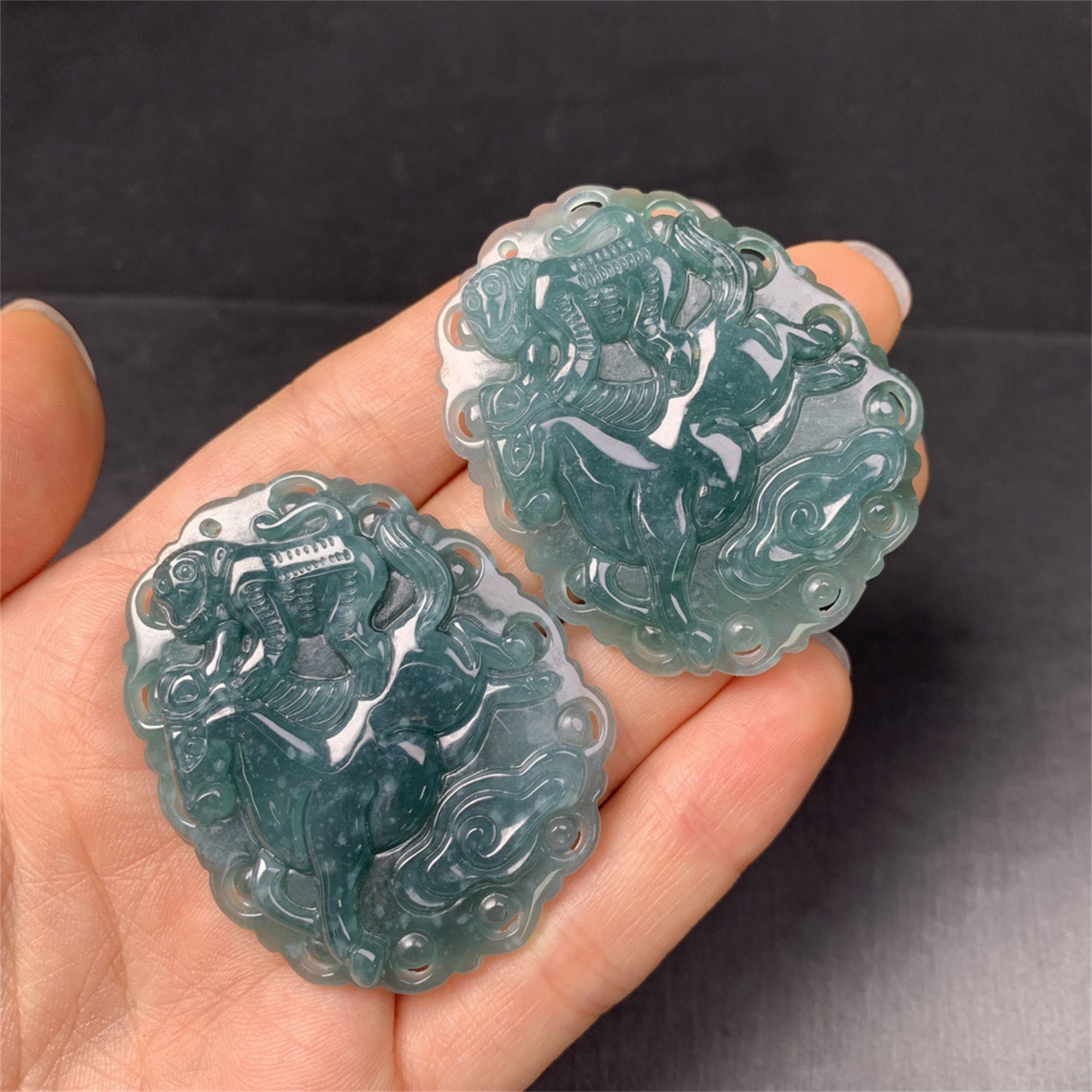 Natural Type A Untreated Blue Watery Guatemalan Jadeite 马上封侯 Immediately Become A Marquis Pendants,Icy Waxy Jadeite,Monkey Riding Horse