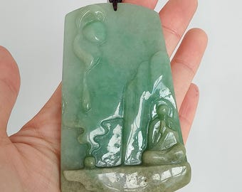 DDP 78.8mm Natural Certificated Type A Untreated Green Burmese Jadeite Trapezoid Pendant With Lotus And 悟道 Carved