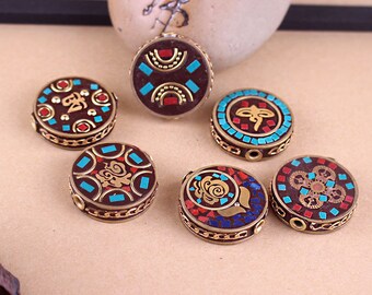 5 st nepalesiska mässingsinläggspärlor, tibetanska pärlor, amulettpärlor, entiska pärlor, metallpärlor, antika guldpärlor, gör-det-själv-smyckestillbehör, bönepärlor
