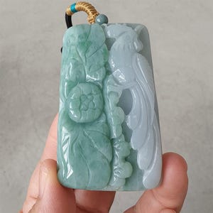 DDP | Natural Certificated Type A 66X40X40.5mm Icy Green White Burmese Jadeite Rectangle Pendant With Phoenix Carved,Amulet Pendant