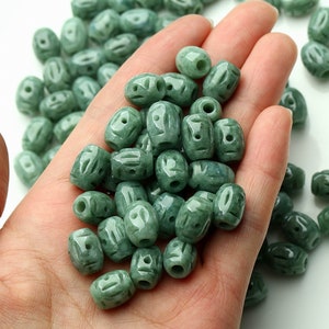 10pcs Natural Grade A Dark Green Engraved Burma Jade Barrel Beads,Filigree Beads,Natural Gemstone,Loose Beads,Burmese Jadeite,JewelrySupplie