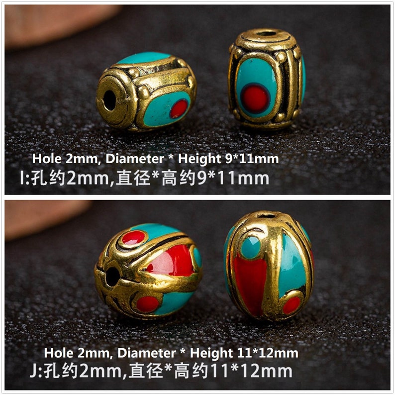 May include: Two oval-shaped beads with a gold finish and turquoise and red enamel. The beads have a hole in the center for stringing. The text "Hole 2mm, Diameter * Height 9*11mm" and "I:孔约2mm,直径*高约9*11mm" is below the beads. The text "Hole 2mm, Diameter * Height 11*12mm" and "J:孔约2mm,直径*高约11*12mm" is below the beads.